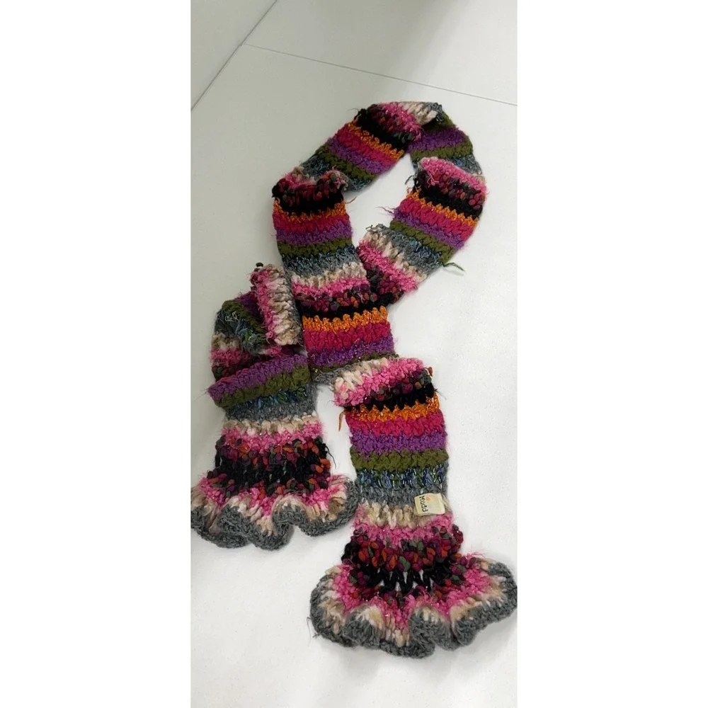 Vintage Mudd Y2K Chunky Knit Crochet Scarf Multicolor Boho Ruffle Edge Striped